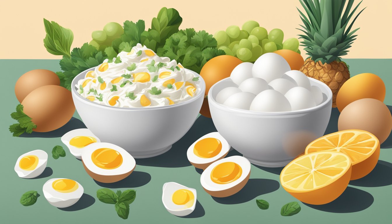 A bowl of whipped egg whites sits next to a carton of eggs, surrounded by fresh fruits and vegetables