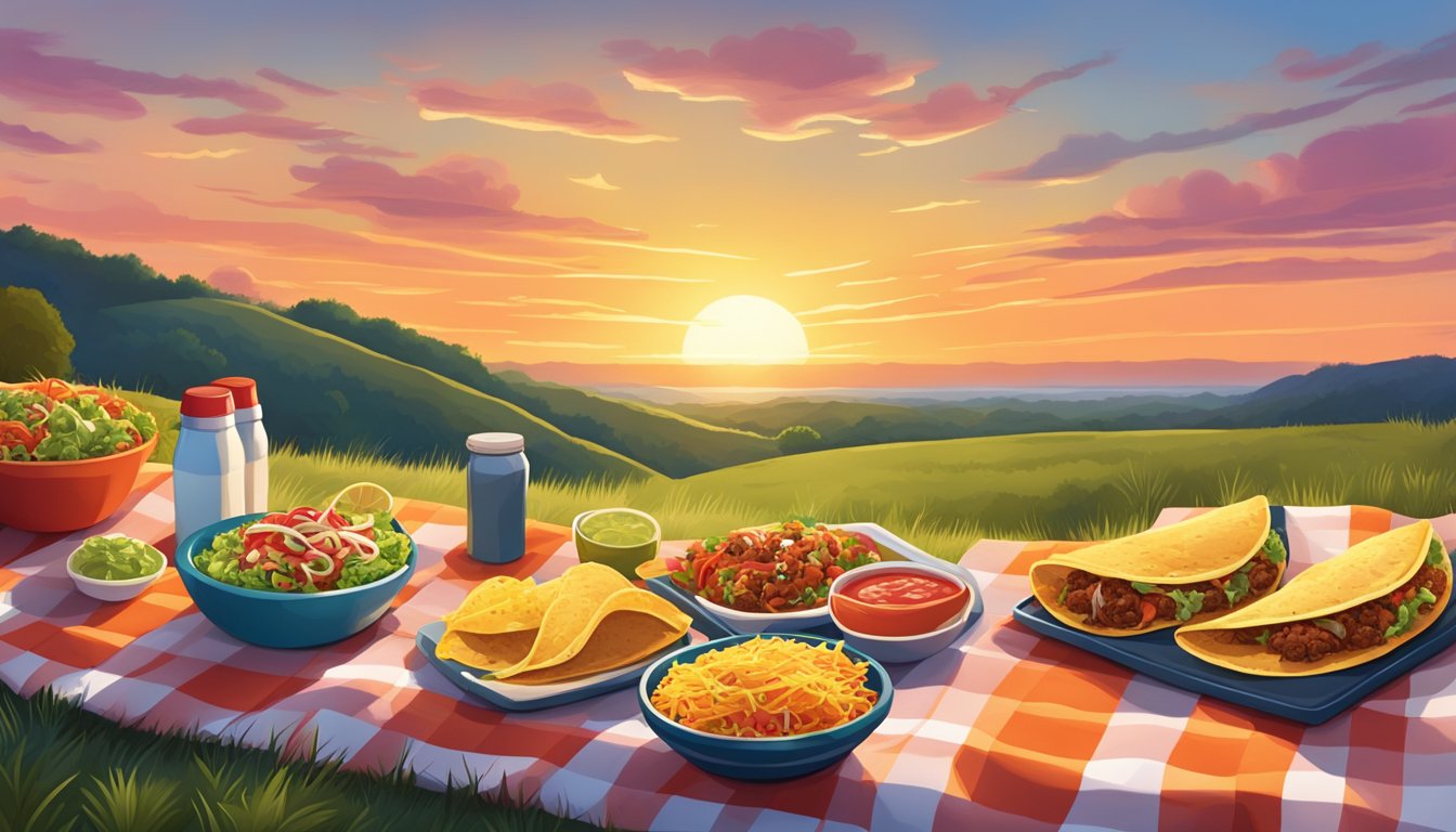 A picnic blanket spread out on a grassy hill overlooking a vibrant Texas sunset, with a spread of delicious tacos and condiments laid out for a relaxing evening meal