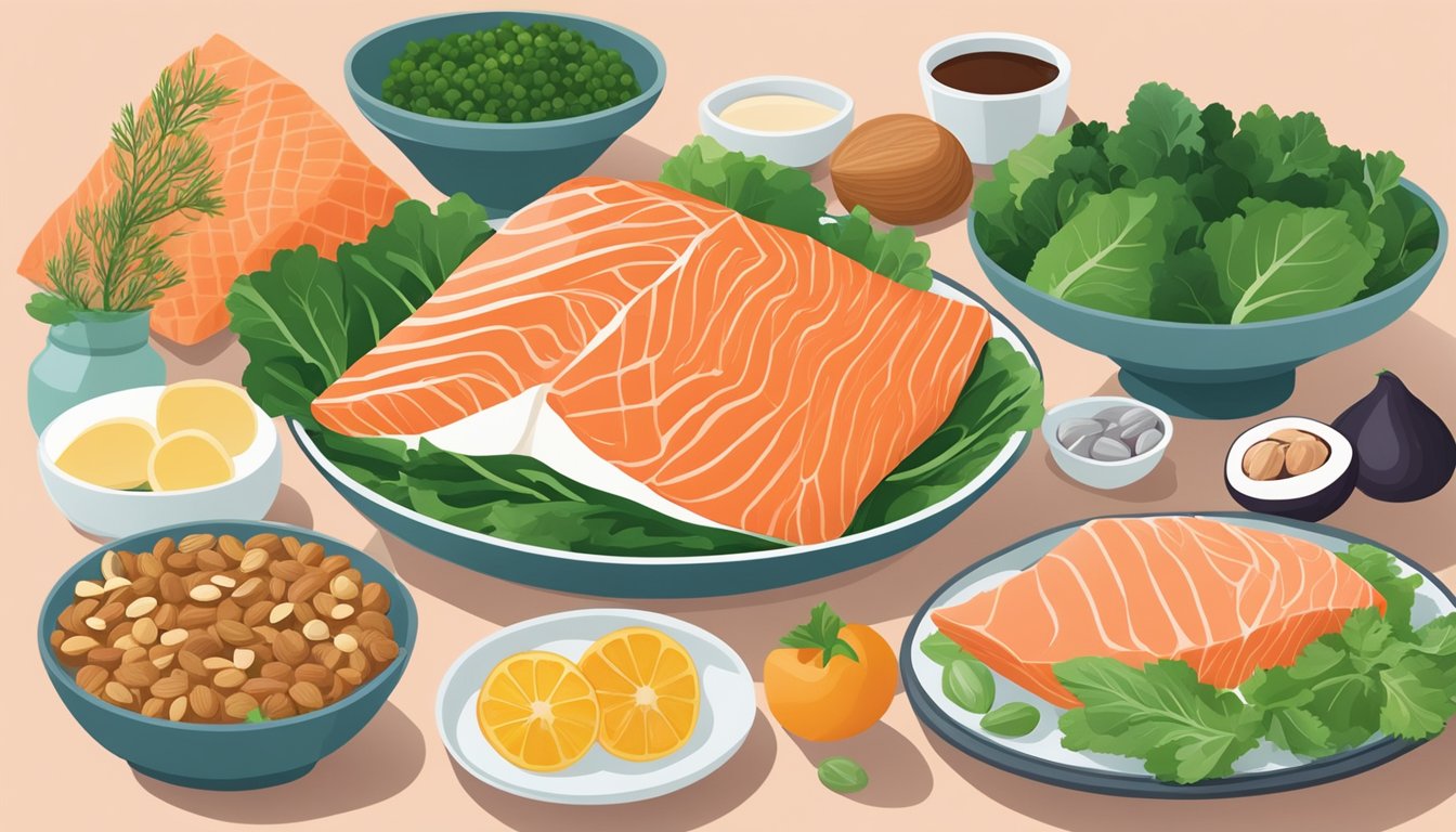 A variety of foods such as salmon, leafy greens, and nuts are arranged on a table, with a focus on the salmon, to depict fertility-boosting options for embryo implantation