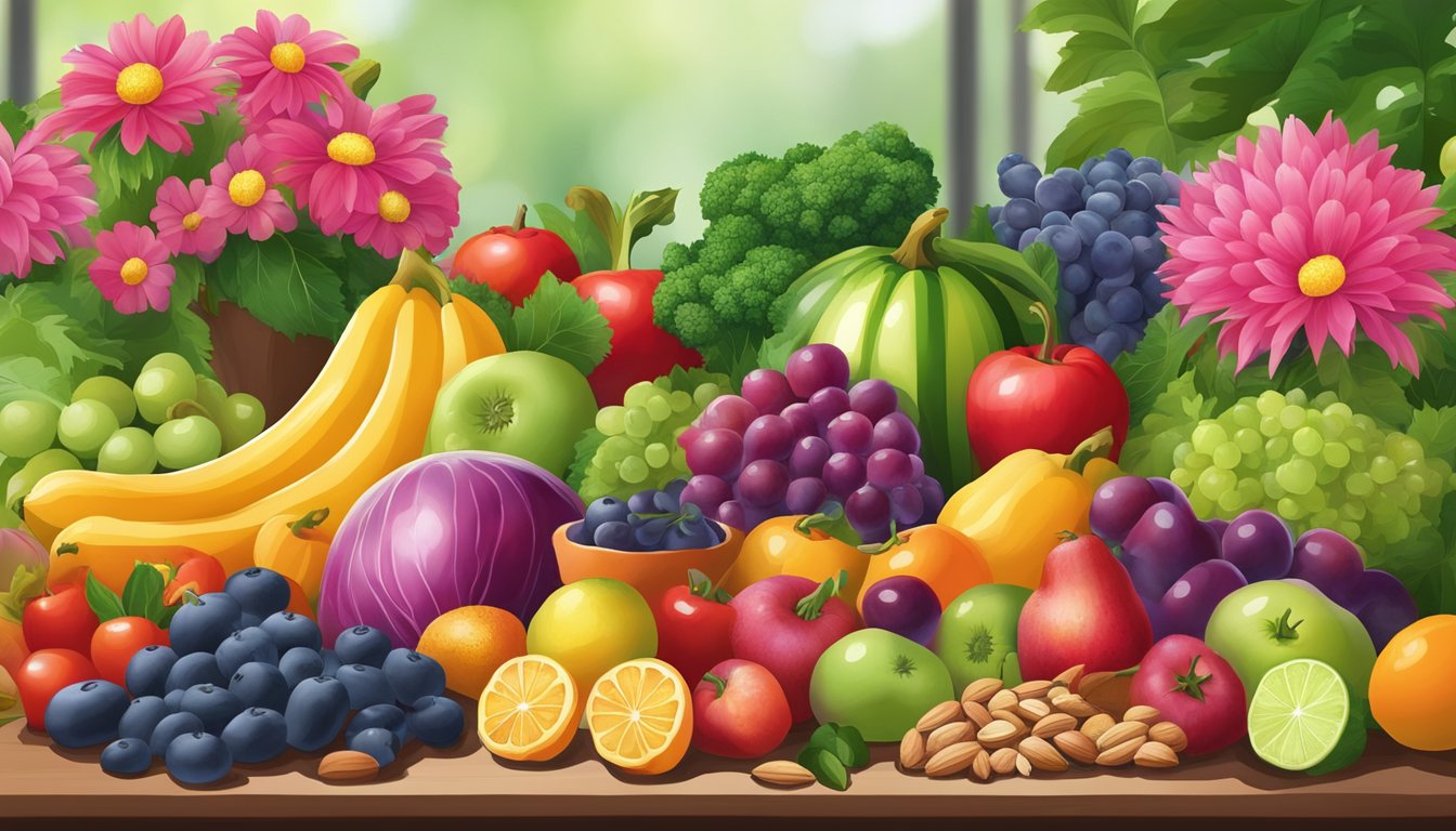 A colorful array of fresh fruits, vegetables, and nuts arranged on a table, surrounded by vibrant flowers and greenery