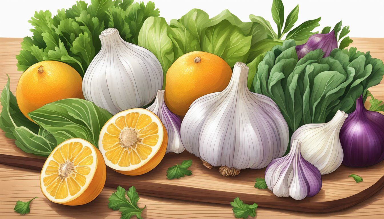 A variety of garlic, onions, citrus fruits, and leafy greens arranged on a wooden cutting board