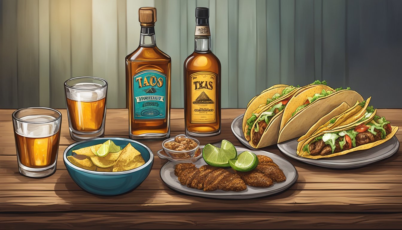 A rustic wooden table set with an assortment of gourmet tacos and glasses of Texas whiskey