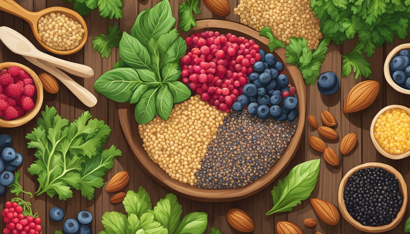 A colorful array of quinoa, berries, nuts, and leafy greens arranged on a wooden table, surrounded by natural light