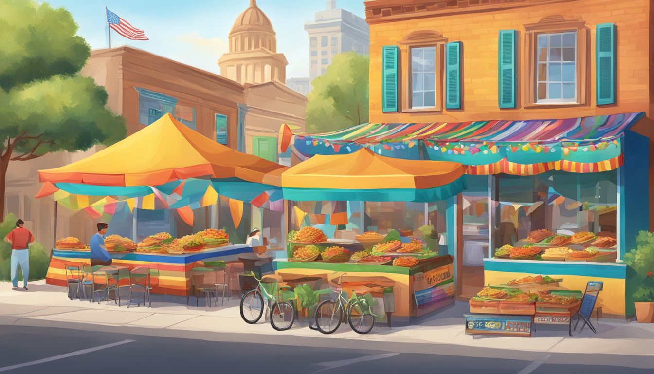 A festive street scene with colorful taco stands in various city settings, showcasing different regional taco varieties for celebrating Texas Independence