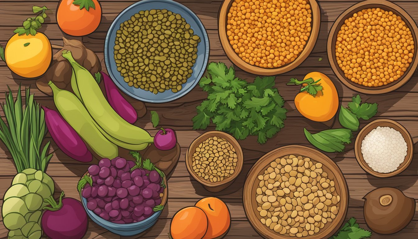 A bowl of lentils surrounded by various fiber-rich foods, such as fruits and vegetables, arranged on a wooden table