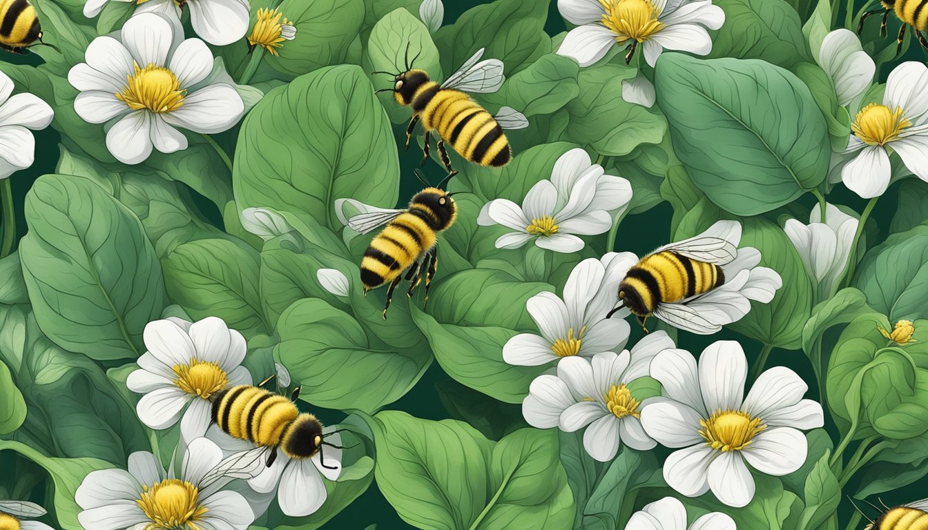 A lush garden of vibrant green spinach leaves surrounded by blooming flowers and buzzing bees, symbolizing fertility and support for embryo implantation