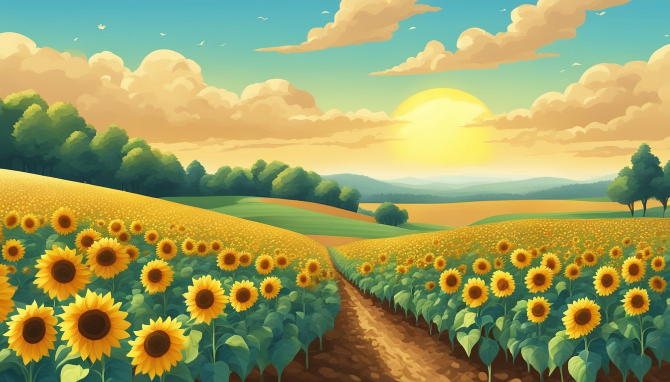 A sunflower field with seeds scattered on fertile soil under a bright, sunny sky