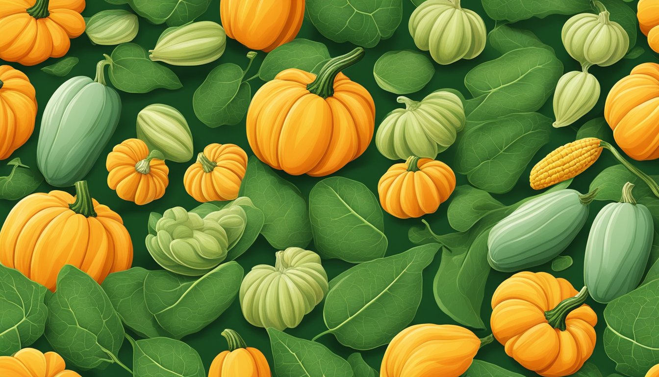 A variety of pumpkin seeds scattered among vibrant green leaves and orange pumpkins, symbolizing fertility and embryo implantation support