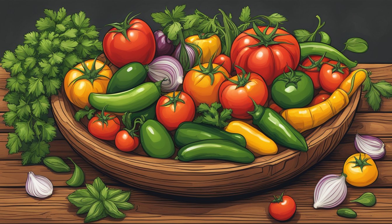 A colorful array of fresh tomatoes, jalapenos, onions, and cilantro, all piled together in a rustic wooden bowl, ready to be transformed into the perfect Texan salsa