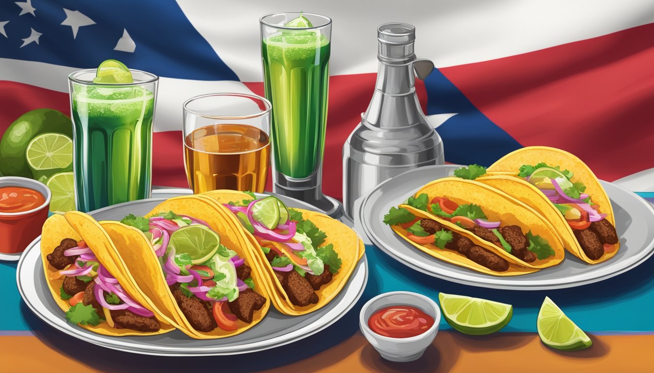 A table with a variety of colorful beverages next to a plate of delicious tacos, set against a backdrop of a Texas flag