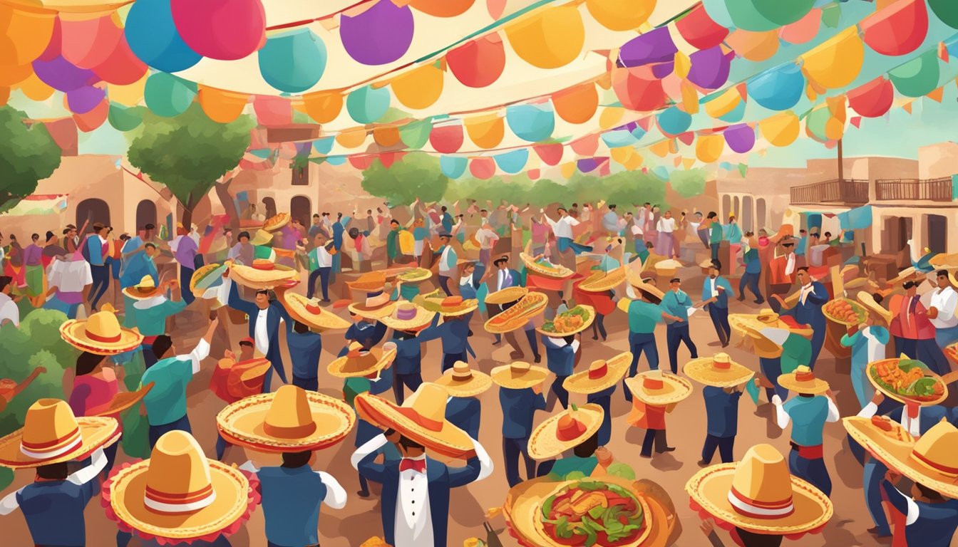 A colorful fiesta with a variety of tacos, mariachi band, and people celebrating Texas Independence Day