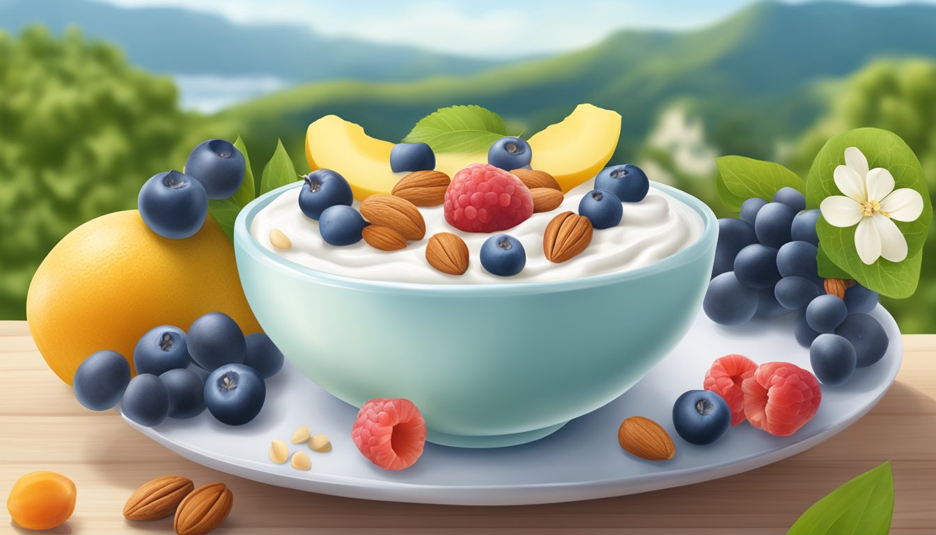 A bowl of Greek yogurt surrounded by fruits and nuts, with a background of a serene and peaceful setting to depict fertility and support for embryo implantation