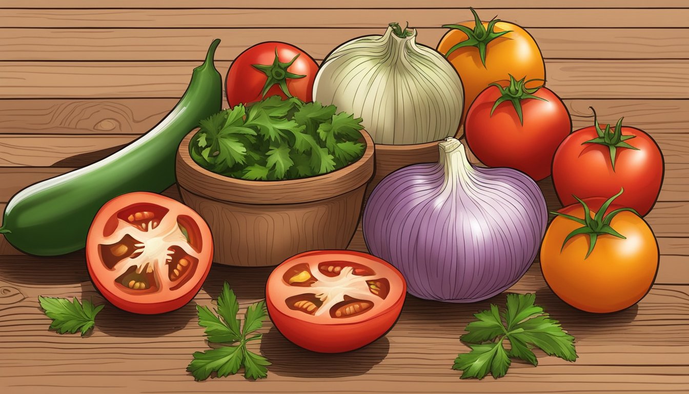 A colorful array of fresh tomatoes, onions, jalapeños, and cilantro arranged on a wooden cutting board, alongside a mortar and pestle for grinding spices