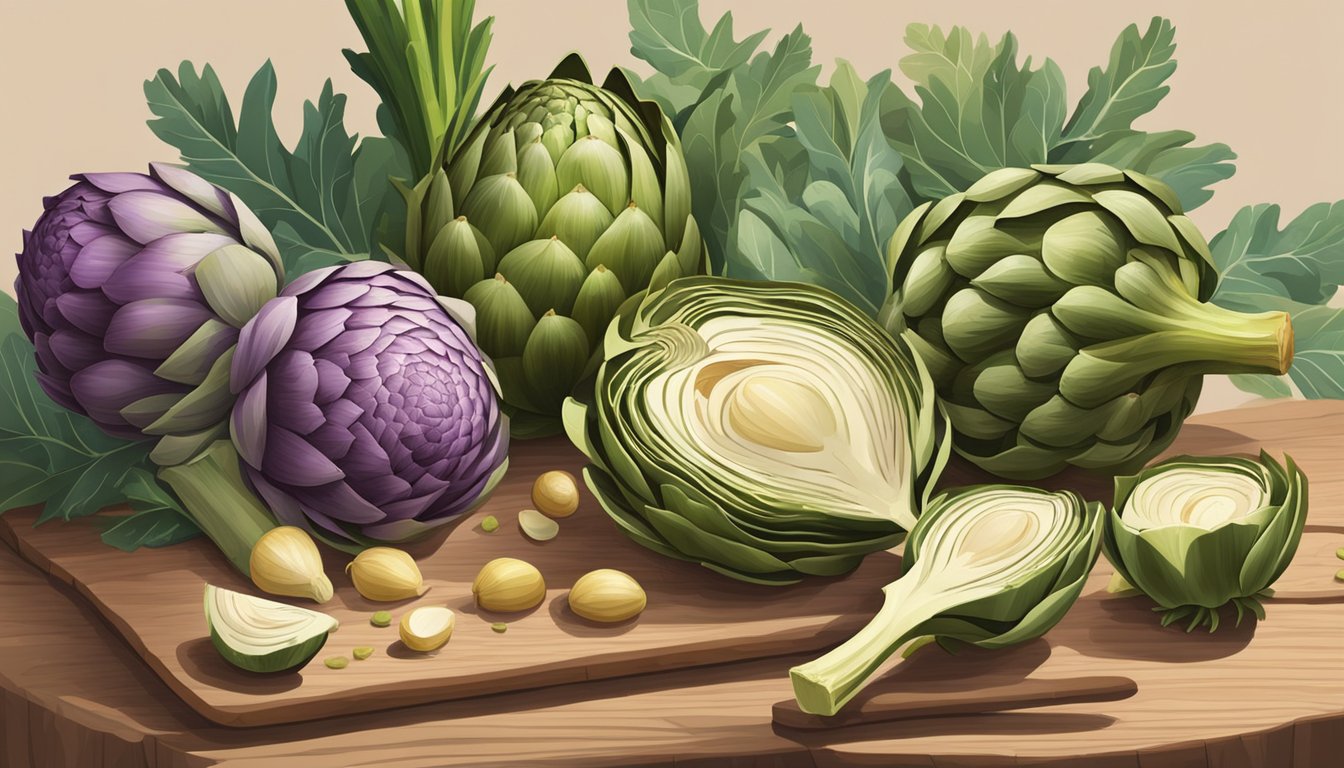 A pile of artichokes surrounded by other fiber-rich foods on a wooden cutting board