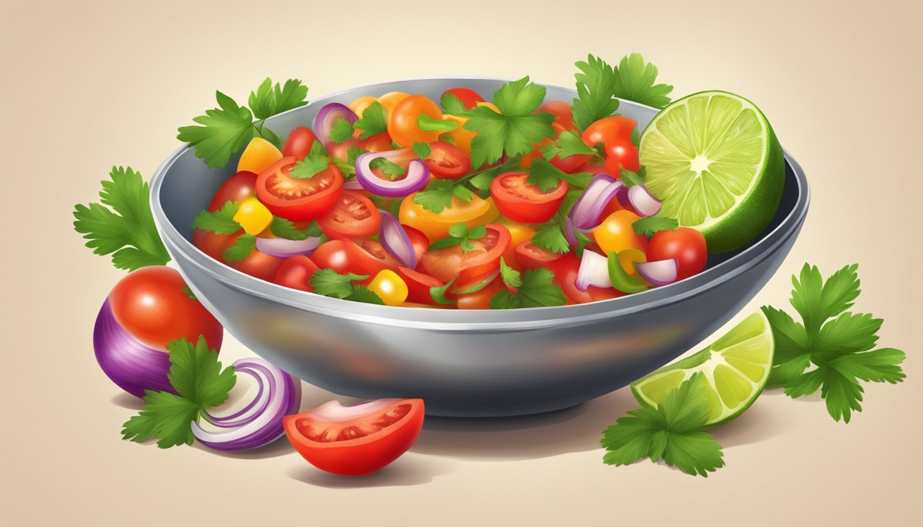 A vibrant bowl of salsa with colorful chunks of tomatoes, onions, and peppers, surrounded by fresh cilantro and lime slices, evoking a balance of acidity and sweetness