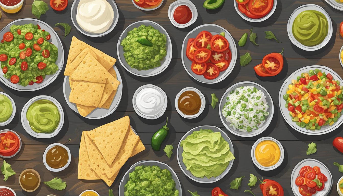 A colorful array of toppings and condiments spread out on a wooden table, including diced tomatoes, shredded lettuce, sliced jalapenos, guacamole, sour cream, and various salsas