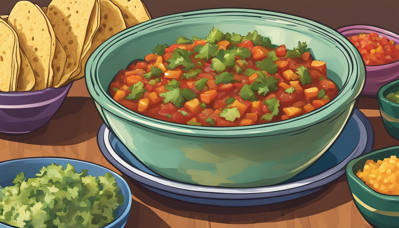 A vibrant bowl of chunky salsa sits next to a plate of tacos, showcasing the texture and consistency of the best Texan salsas