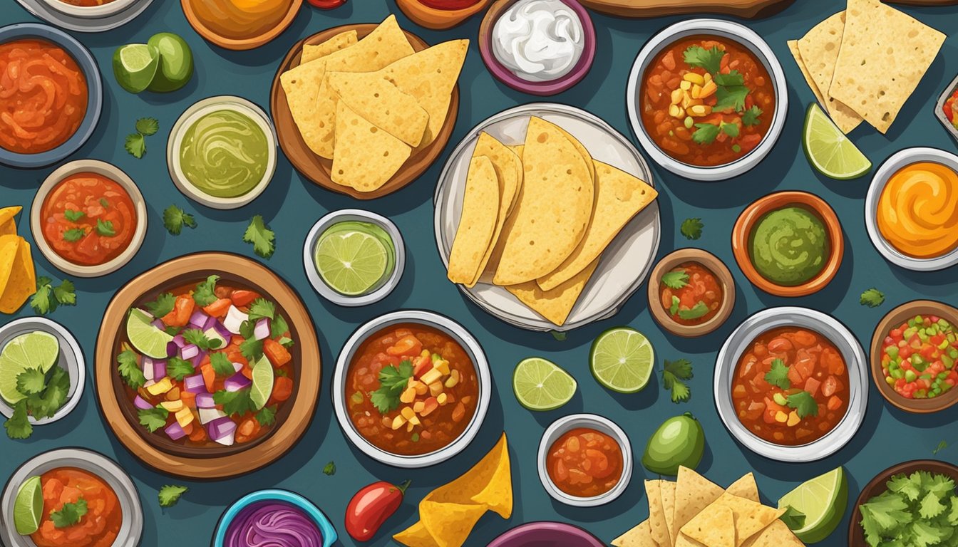 A table set with an assortment of Texan salsas in colorful bowls, surrounded by freshly made tacos and various ingredients for serving