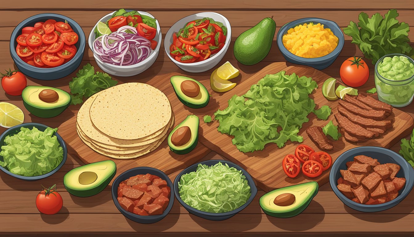 A colorful array of fresh ingredients, including diced tomatoes, sliced avocados, shredded lettuce, and sizzling grilled meats, are spread out on a wooden table, ready to be assembled into customized tacos