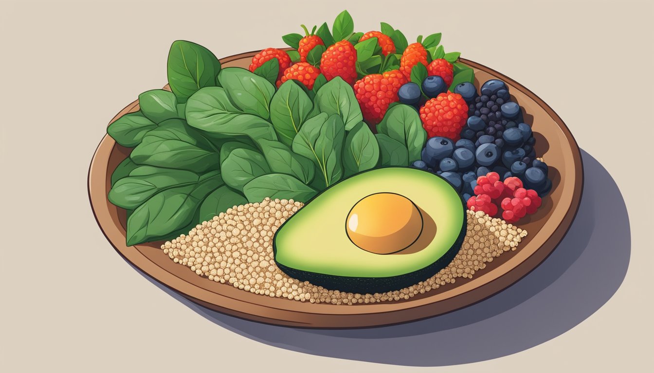 A colorful array of quinoa, spinach, avocado, and berries arranged on a table with a glowing flame underneath, symbolizing fat burning and metabolism-boosting foods