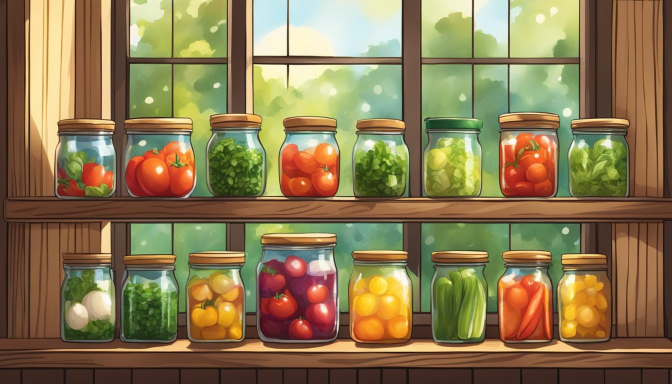 A rustic wooden shelf with rows of colorful salsa jars and fresh ingredients like tomatoes, peppers, and cilantro. Sunshine streams in through a nearby window, casting a warm glow over the scene