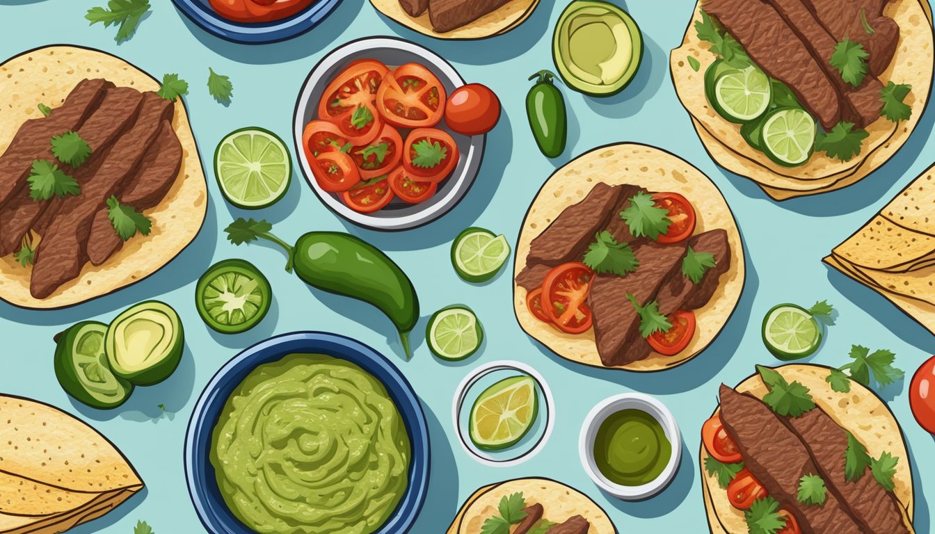 A colorful spread of fresh tomatoes, grilled onions, spicy jalapeños, creamy guacamole, and savory seasoned beef, ready to be assembled into delicious custom tacos