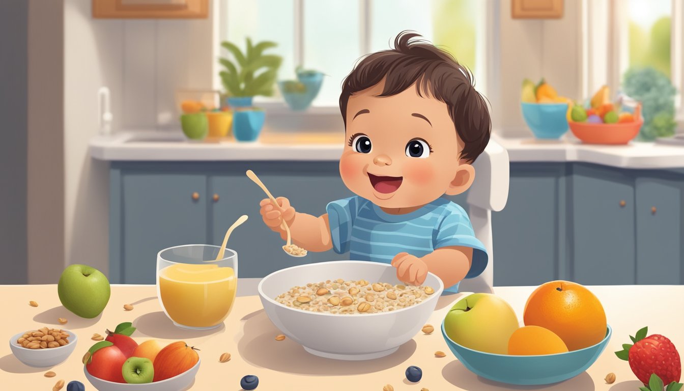 A happy toddler sitting at a high chair, eagerly eating a bowl of oatmeal topped with fruits and nuts, surrounded by colorful and fiber-rich foods