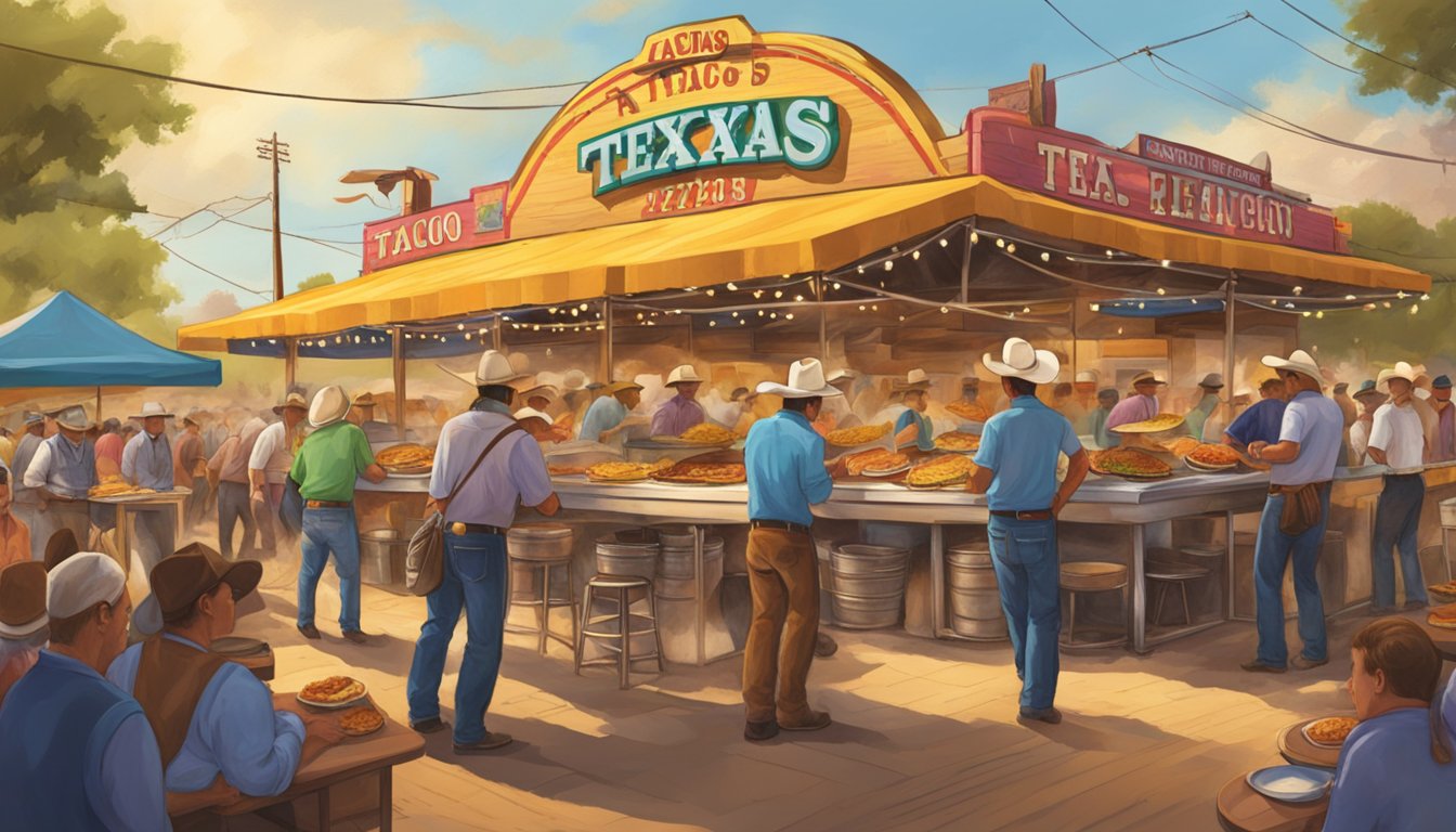 A bustling Texas rodeo with a colorful taco stand serving up sizzling, flavorful tacos to hungry attendees