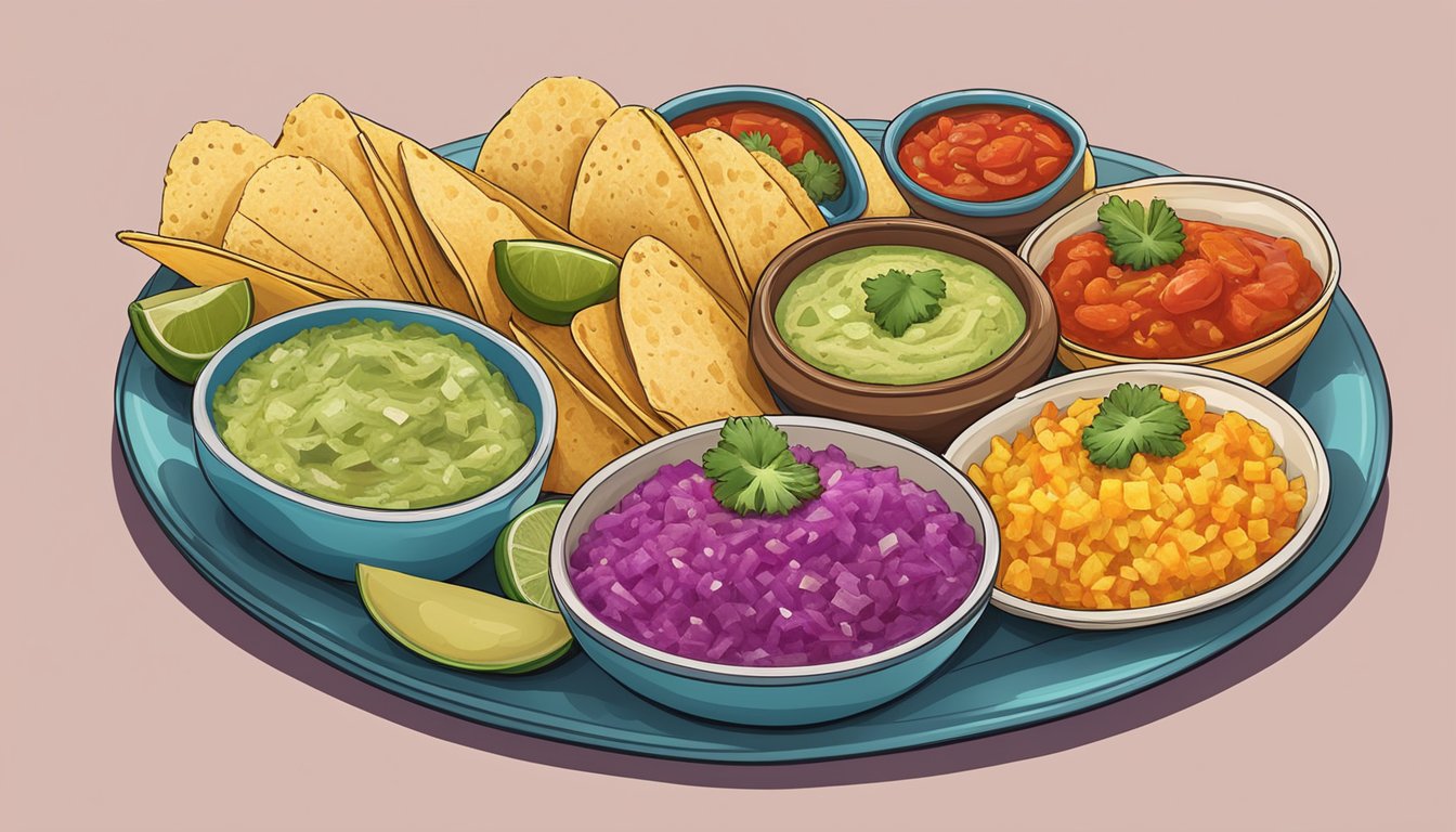 A vibrant array of Texan salsas, featuring a variety of colors and textures, arranged around a plate of freshly made tacos