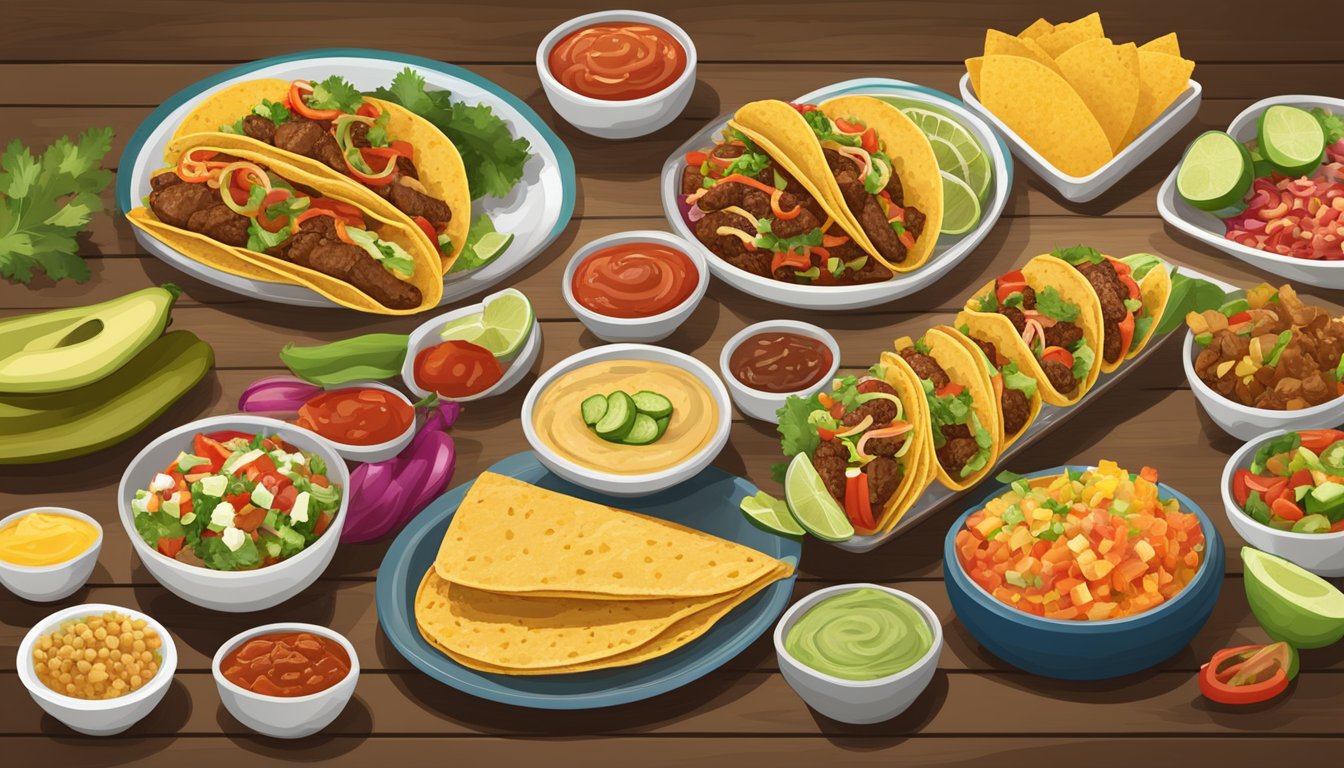 A festive table set with an array of Texan taco toppings, including grilled meats, fresh vegetables, and flavorful salsas, ready for a customized taco feast