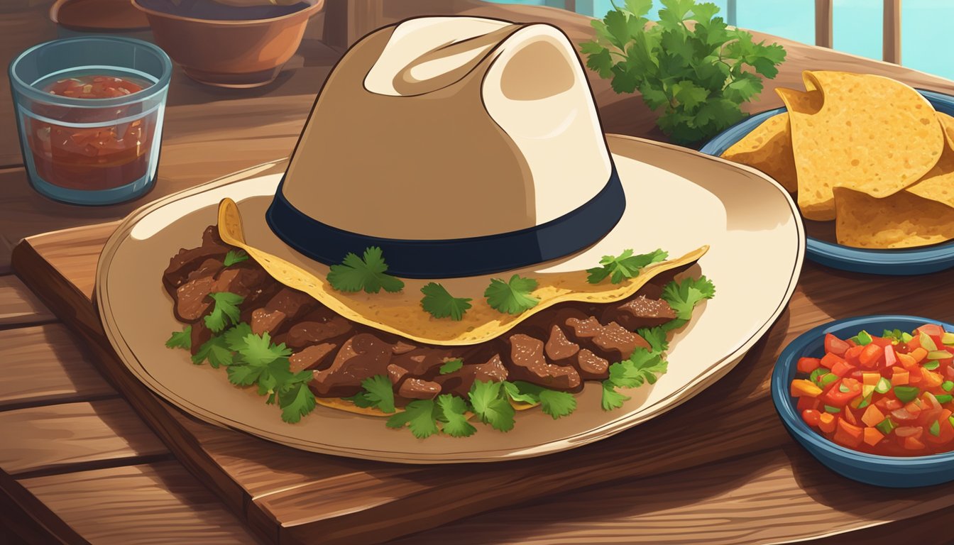 A cowboy hat rests on a wooden table next to a plate of Texas tacos, filled with tender beef, spicy salsa, and fresh cilantro