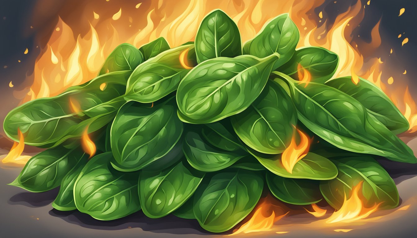 A vibrant pile of spinach leaves surrounded by flames, symbolizing fat burning and metabolism-boosting properties