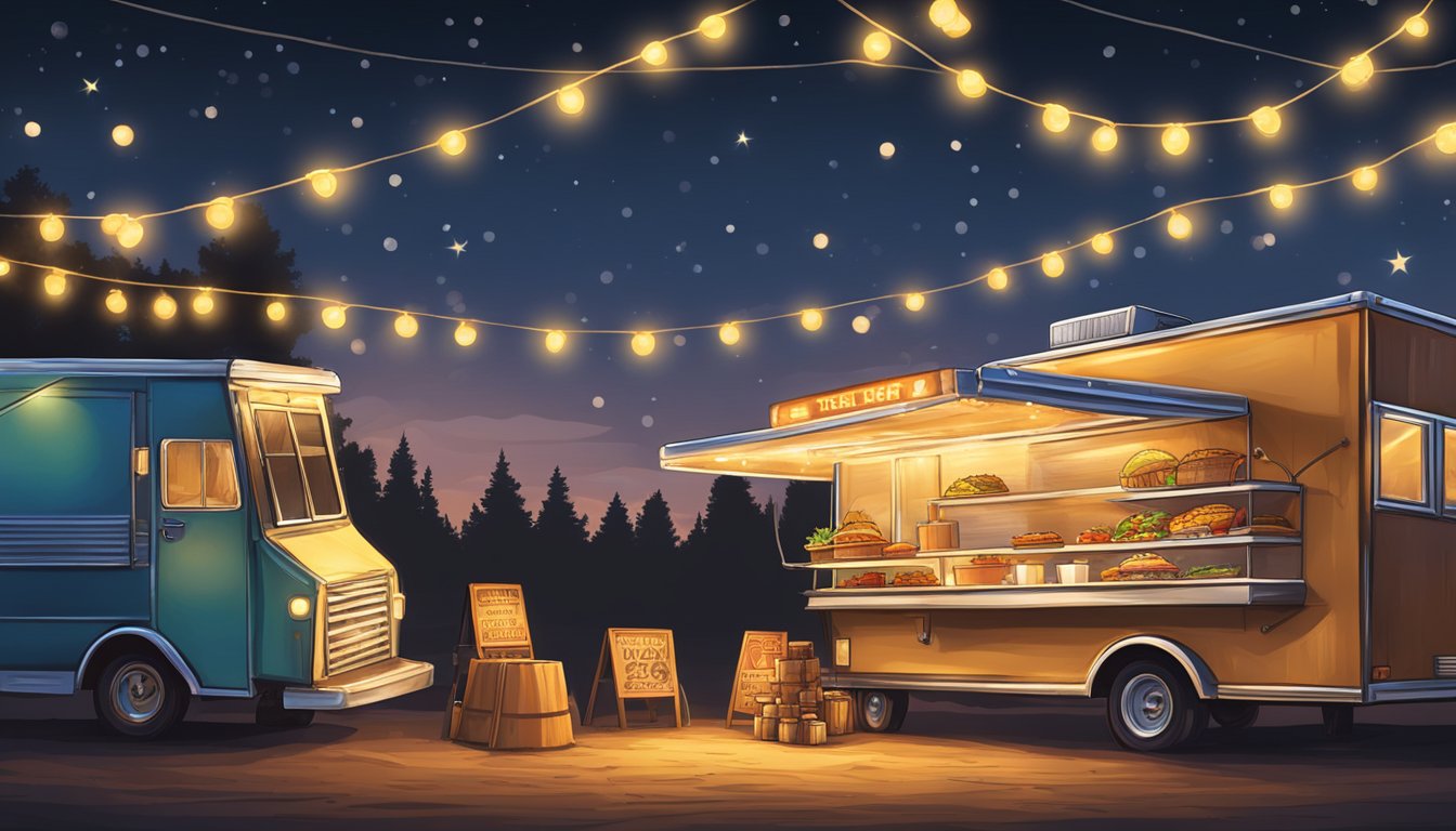 A rustic Texan food truck surrounded by cowboy boots and hats, serving up sizzling, savory tacos under the warm glow of string lights