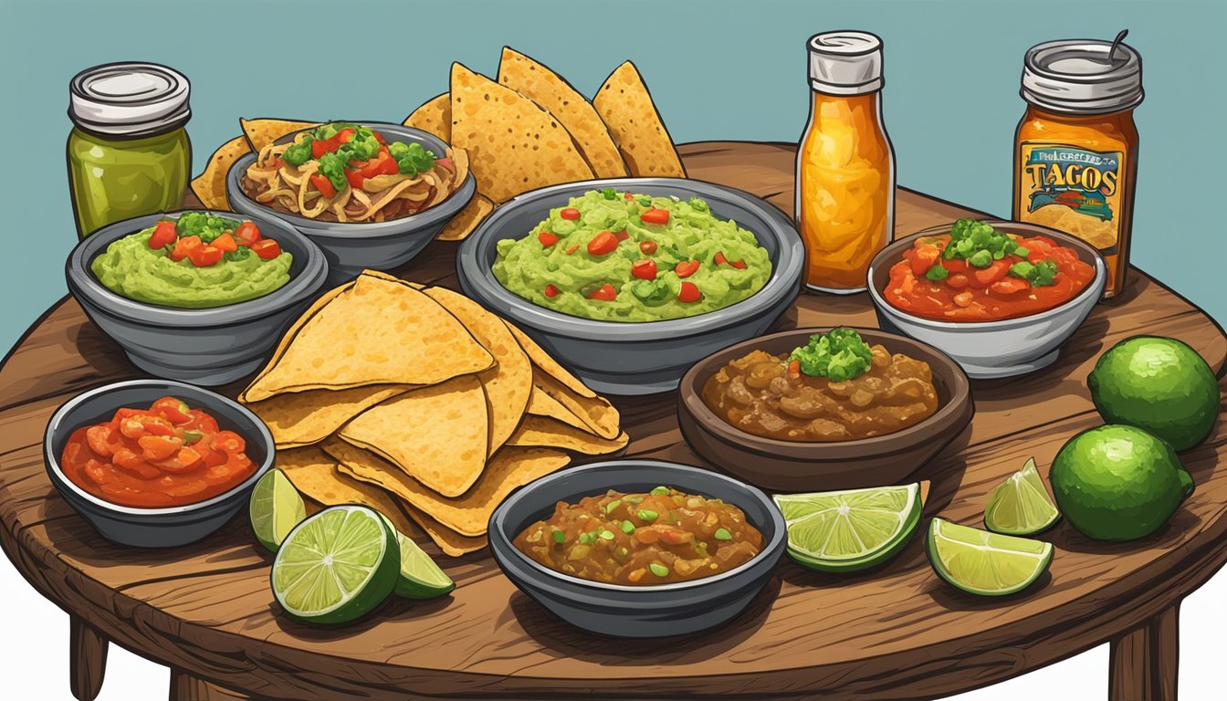 A rustic wooden table with a colorful spread of freshly made tacos, accompanied by various salsas, guacamole, and lime wedges, set against a backdrop of cowboy hats and rodeo memorabilia