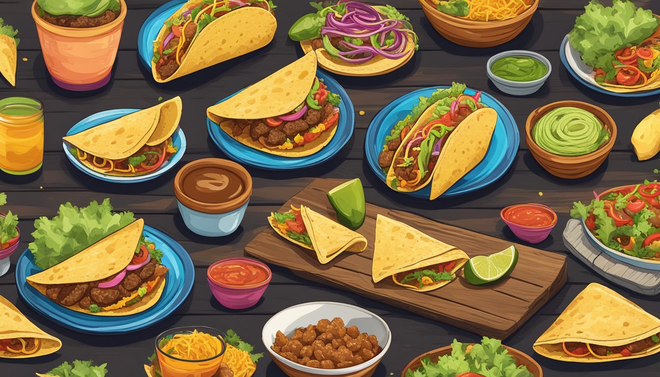 A colorful array of tacos, from traditional to unique, displayed on a rustic wooden table with a cowboy hat and lasso in the background