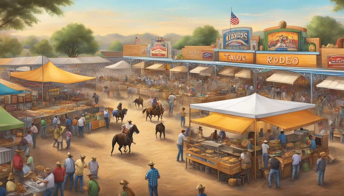 A bustling Texas rodeo with vendors selling a variety of tacos, from traditional to innovative fillings, amidst the lively atmosphere of the event