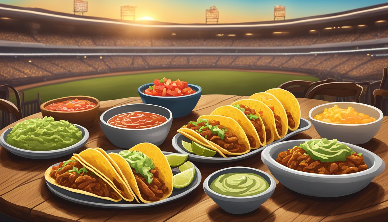 A rustic wooden table with a plate of sizzling, golden-brown tacos topped with fresh salsa and creamy guacamole, set against a backdrop of a Texas rodeo arena at sunset