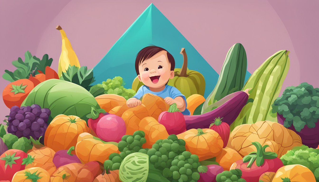 A colorful pile of sweet potatoes surrounded by a variety of fruits and vegetables, with a happy toddler in the background