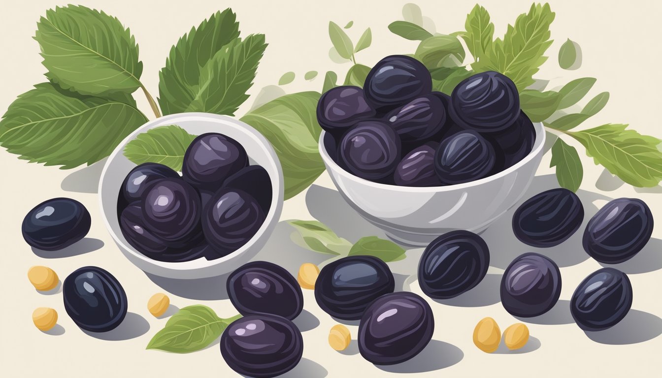 A bowl of prunes surrounded by various essential foods, with a sense of balance and stability conveyed through the arrangement