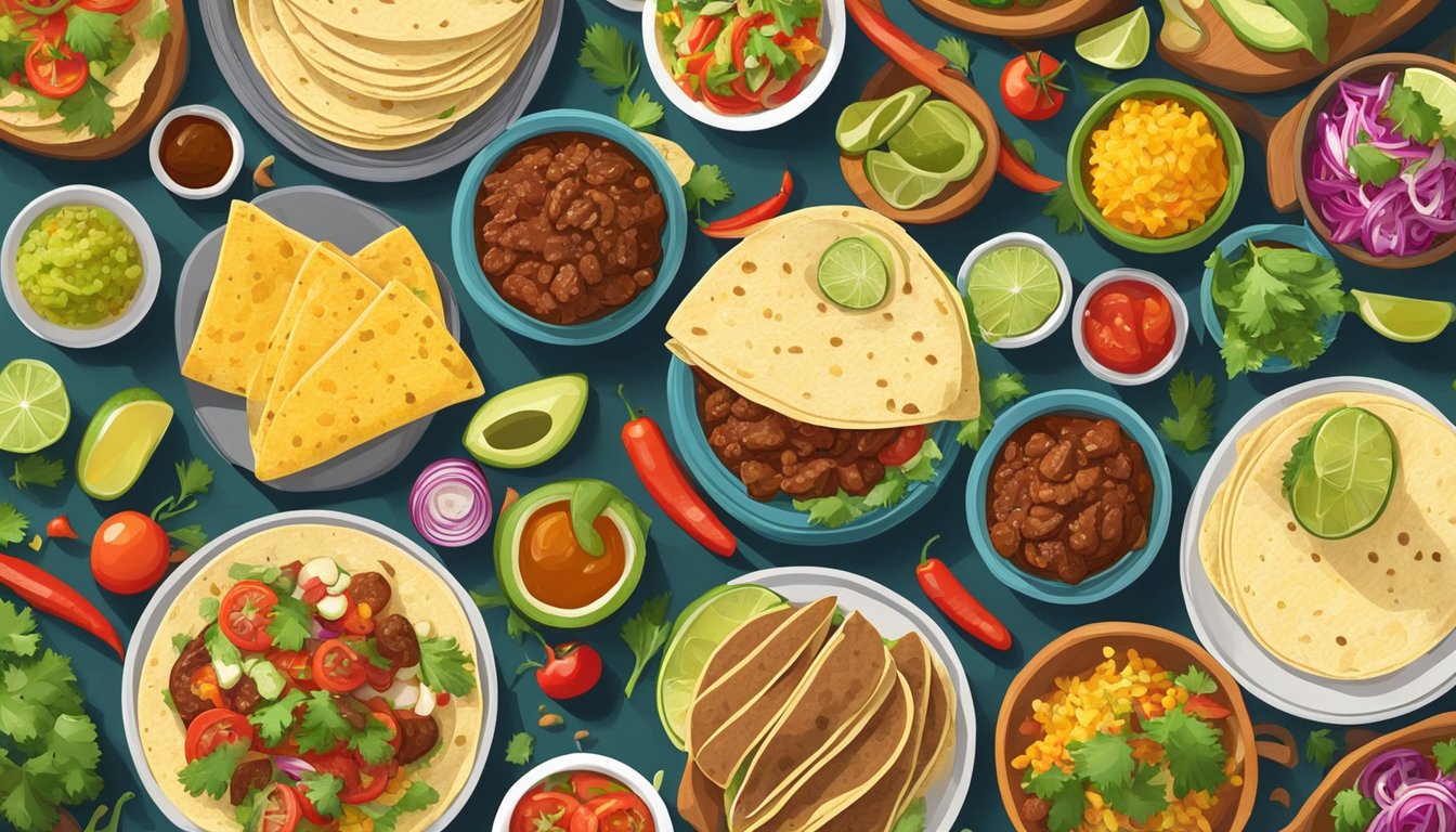 A colorful spread of traditional taco ingredients, including marinated meats, fresh vegetables, and handmade tortillas, arranged on a festive table