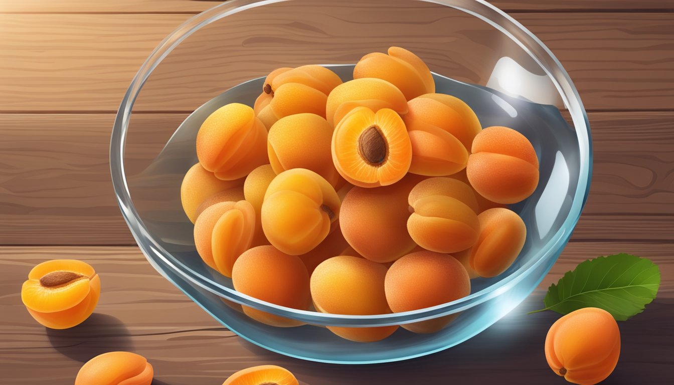 A bowl of dried apricots surrounded by fresh fruits and a glass of water on a wooden table