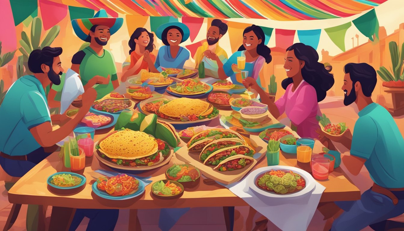 A vibrant fiesta scene with a table filled with an assortment of colorful tacos, surrounded by joyful people celebrating a Mexican cultural event