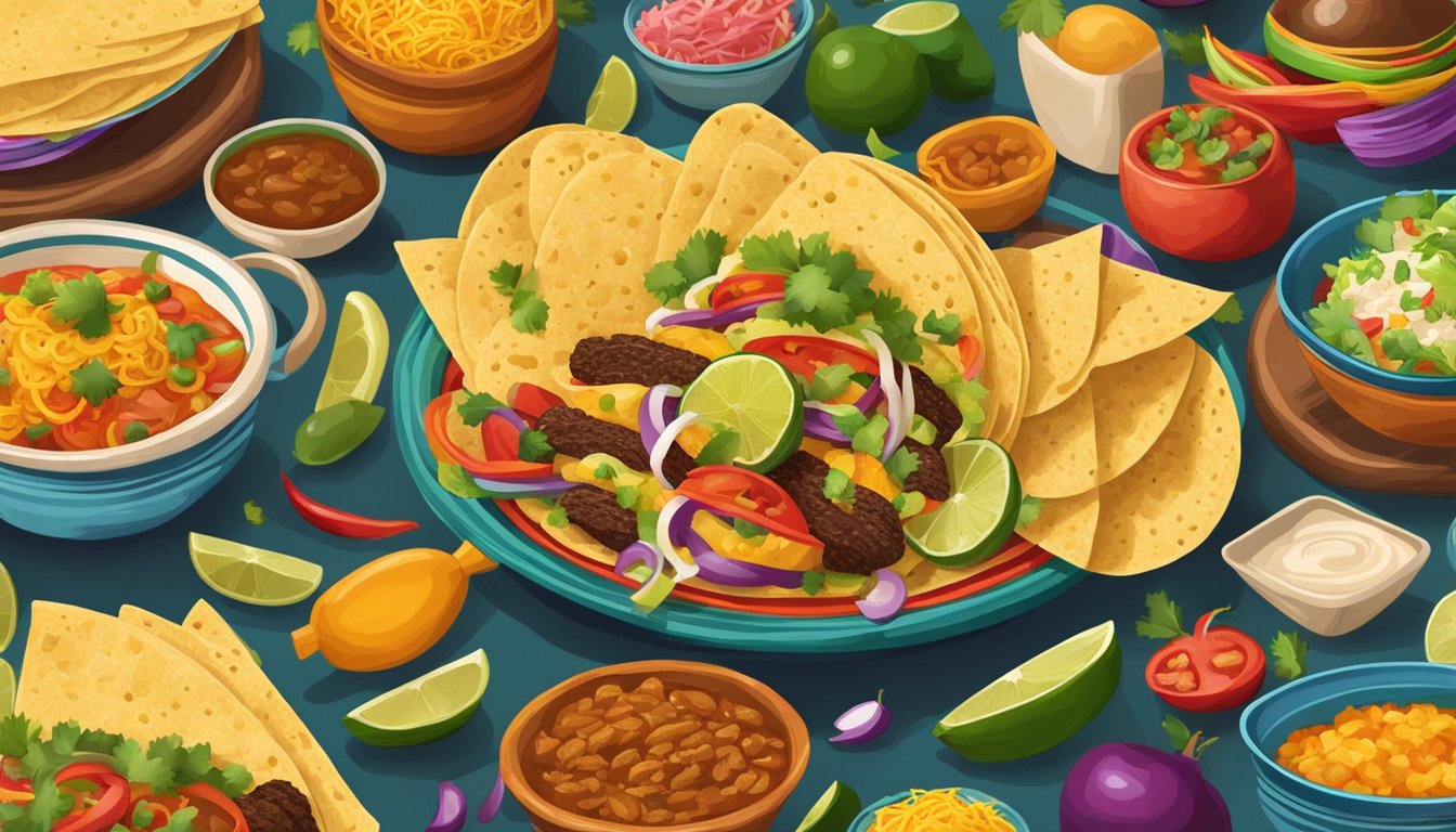 A colorful fiesta table adorned with various taco ingredients and traditional Mexican decorations. A chef skillfully prepares tacos, showcasing the cultural significance of this beloved dish in Mexican celebrations