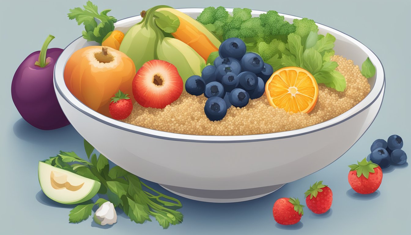 A bowl of quinoa surrounded by vibrant fruits and vegetables, with a glass of water nearby