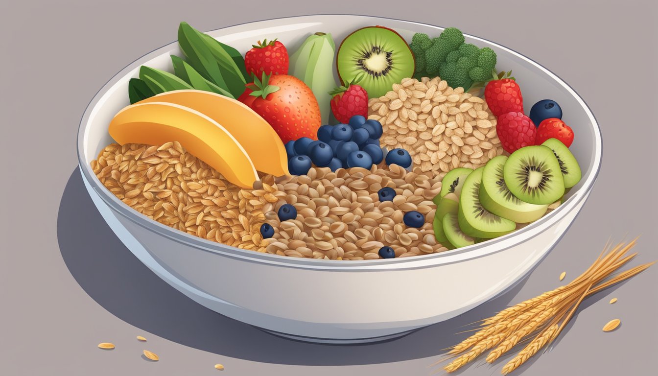 A bowl of bran cereal surrounded by a variety of fiber-rich foods like fruits, vegetables, and whole grains