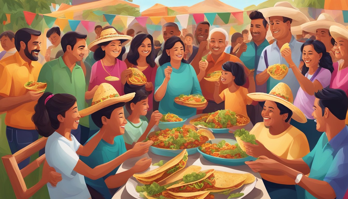 A vibrant fiesta scene with people of all ages and backgrounds enjoying tacos together, symbolizing the cultural unity and equality associated with this traditional Mexican food