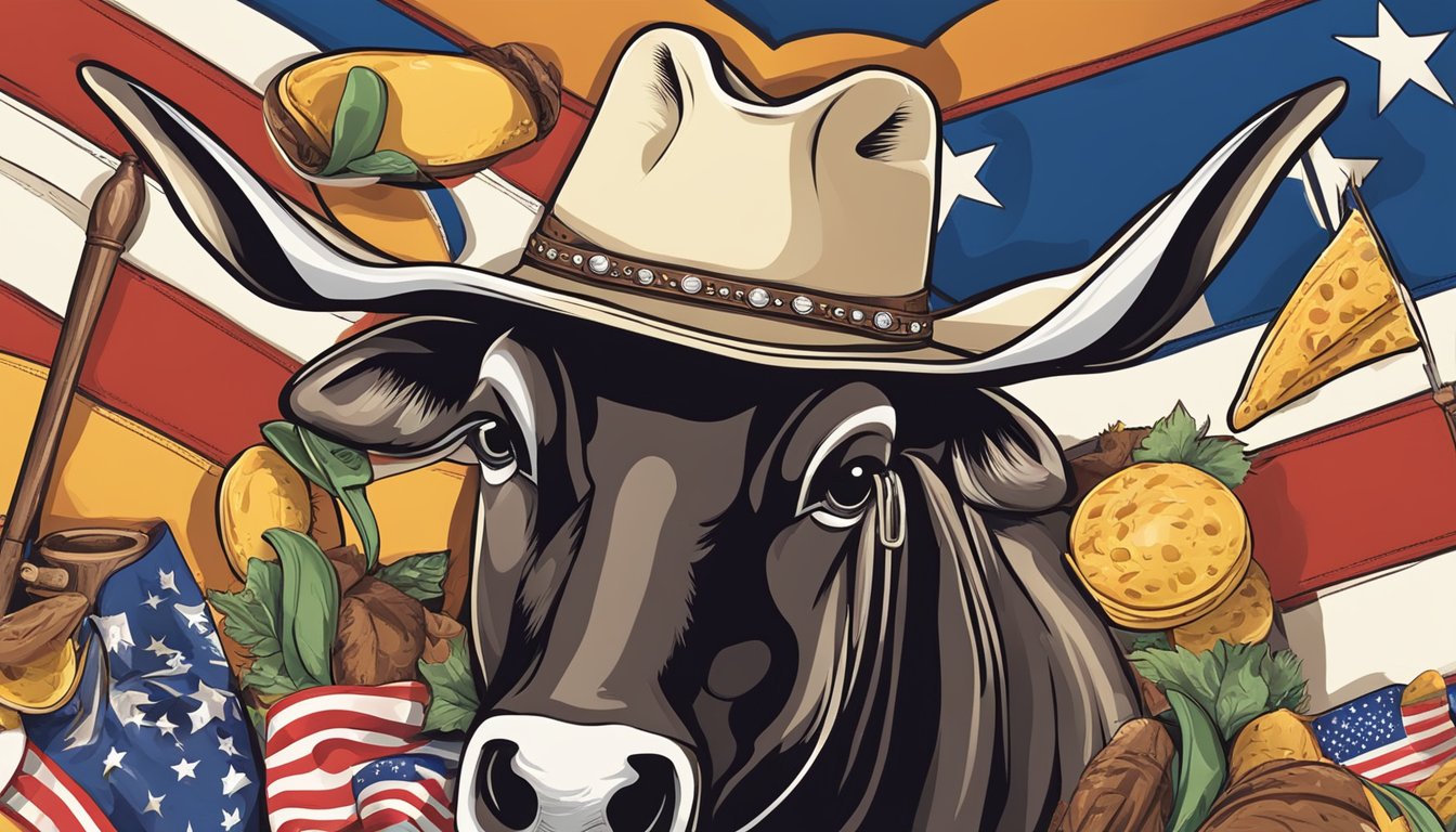 A cowboy hat-wearing steer with a taco in its mouth surrounded by rodeo props and Texas flags