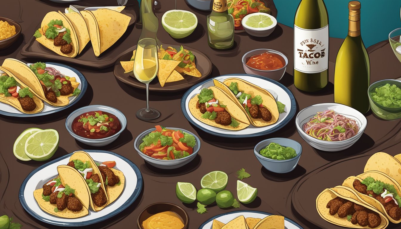 A table set with a variety of Texas tacos, surrounded by bottles of local wine