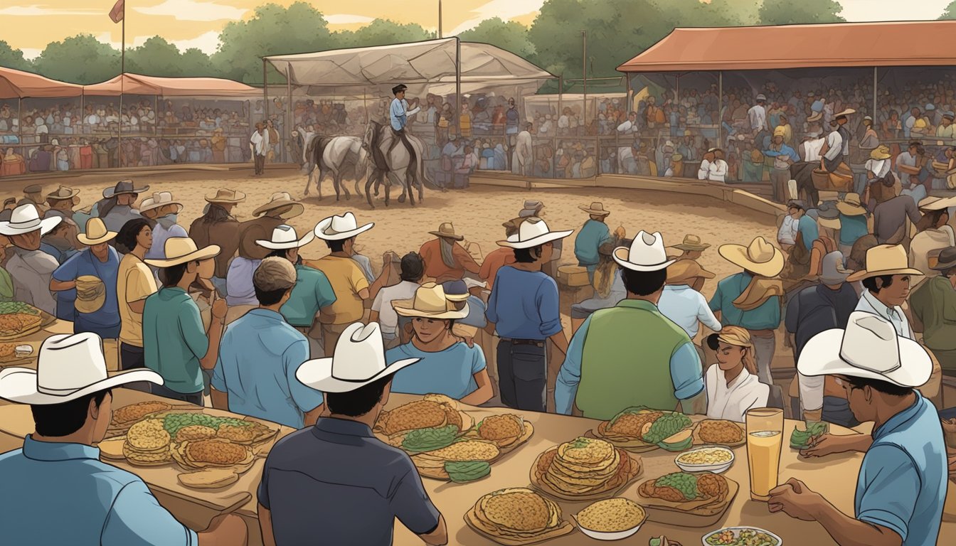 A crowded rodeo arena with vendors selling a variety of tacos, while people gather to eat and socialize, showcasing the evolution of tacos in Texas rodeo culture