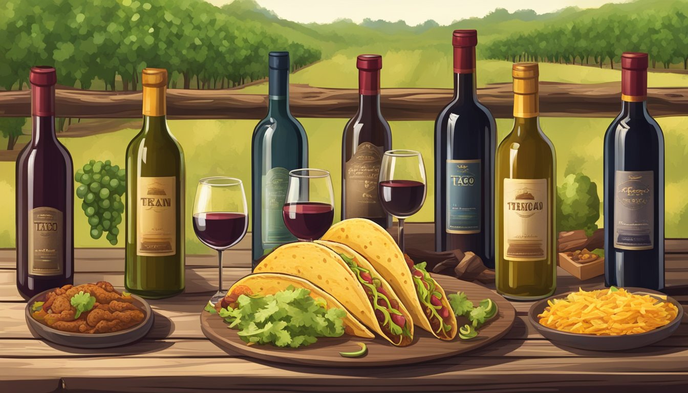 A rustic Texan vineyard with a variety of wine bottles and a spread of tacos on a wooden table